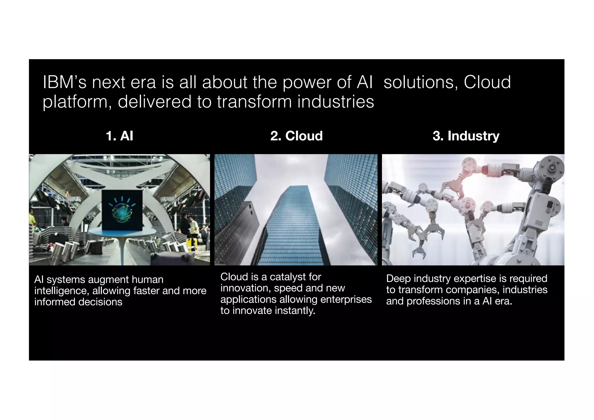 4
IBM’s next era is all about the power of AI solutions, Cloud
platform, delivered to transform industries
1. AI 2. Cloud 3. Industry
Cloud is a catalyst for
innovation, speed and new
applications allowing enterprises
to innovate instantly.
AI systems augment human
intelligence, allowing faster and more
informed decisions
Deep industry expertise is required
to transform companies, industries
and professions in a AI era.
 