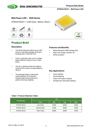 Product Data Sheet
Product Brief
Description
Key Applications
Features and Benefits
www.seoulsemicon.com1
STWHA12D-E1 – Mid-Power LED
Rev1.0, May 15, 2018
STWHA12D-E1 – 0.5W (Cool , Nature, Warm)
Mid-Power LED - 3528 Series
Table 1. Product Selection Table
RoHS
• This White Colored surface-mount LED
comes in standard package dimension.
Package Size: 3.5x2.8x0.7mm
• It has a substrate made up of a molded
plastic reflector sitting on top of a lead
frame.
• The die is attached within the reflector
cavity and the cavity is encapsulated by
silicone.
• The package design coupled with
careful selection of component
materials allow these products to
perform with high reliability.
• Market Standard 3528 Package Size
• High Color Quality, CRI Min. 95
• RoHS compliant
• Interior lighting
• General lighting
• Indoor and outdoor displays
• Architectural / Decorative lighting
Part Number
CCT
Color Min. Typ. Max.
STWHA12D-E1 Cool White 4700K 5000K 5300K
STWHA12D-E1 Neutral White 3700K 4000K 4200K
STWHA12D-E1 Warm White 2600K 3000K 3700K
 