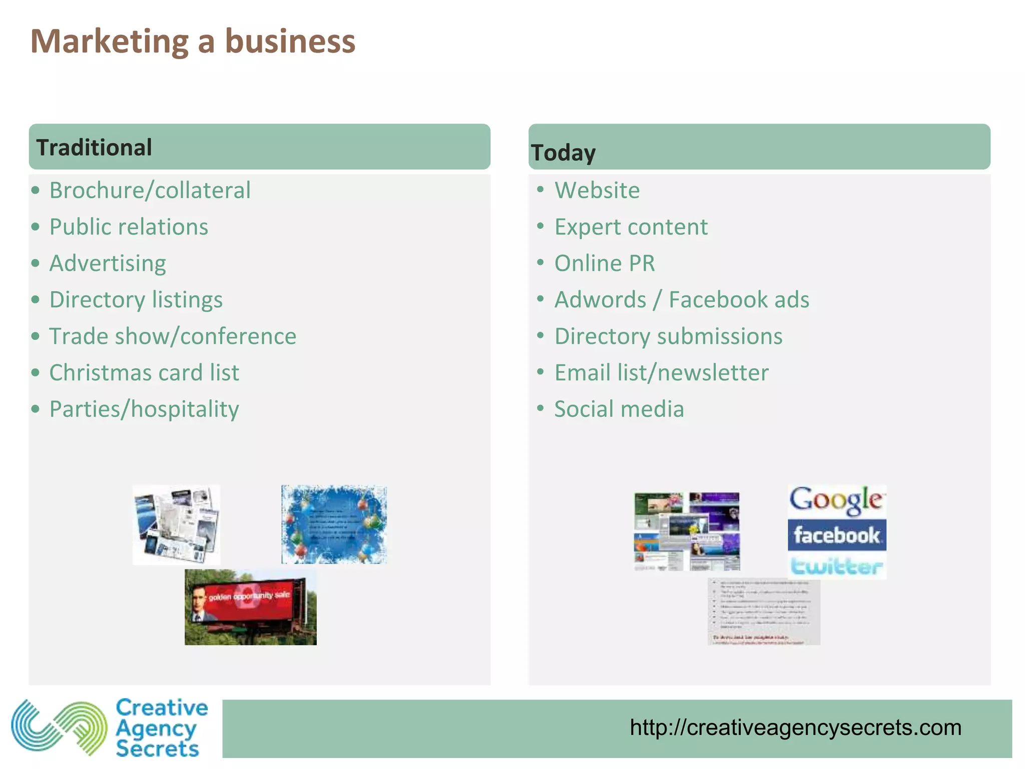 http://creativeagencysecrets.comhttp://creativeagencysecrets.com
• Brochure/collateral
• Public relations
• Advertising
• Directory listings
• Trade show/conference
• Christmas card list
• Parties/hospitality
Traditional Today
• Website
• Expert content
• Online PR
• Adwords / Facebook ads
• Directory submissions
• Email list/newsletter
• Social media
Marketing a business
 