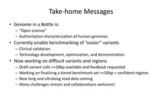 Take-home Messages
• Genome in a Bottle is:
– “Open science”
– Authoritative characterization of human genomes
• Currently enable benchmarking of “easier” variants
– Clinical validation
– Technology development, optimization, and demonstration
• Now working on difficult variants and regions
– Draft variant calls >=20bp available and feedback requested
– Working on finalizing a tiered benchmark set >=50bp + confident regions
– New long and ultralong read data coming
– Many challenges remain and collaborations welcome!
 