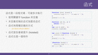 11
函式是一段程式碼，可被多次執行
└ 使用關鍵字 function 來定義
└ 未定義名稱的函式為匿名函式
└ 函式有兩種定義的方式
└ 函式宣告式與函式運算式
└ 函式宣告會被提升 (hoisted)
└ 函式也是一個物件
函式
function add (x, y) {
return x + y;
}
var sum = add(2, 3);
console.log(sum);
var greet = function (name) {
console.log('Hello ' + name + '!');
}
greet('Simen');
function greet (name) {
console.log('Hello ' + name + '!');
}
greet('Simen');
(function (name) {
console.log('Hello ' + name + '!’);
}('Simen'));
 