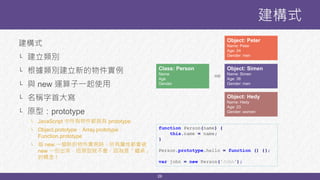 26
建構式
└ 建立類別
└ 根據類別建立新的物件實例
└ 與 new 運算子一起使用
└ 名稱字首大寫
└ 原型：prototype
└ JavaScript 中所有物件都具有 prototype
└ Object.prototype、Array.prototype、
Function.prototype
└ 每 new 一個新的物件實例時，所有屬性都會被
new 一份出來，但原型就不會，因為是「繼承」
的概念！
建構式
Class: Person
Name
Age
Gender
Object: Peter
Name: Peter
Age: 24
Gender: men
Object: Simen
Name: Simen
Age: 36
Gender: men
Object: Hedy
Name: Hedy
Age: 23
Gender: women
function Person(name) {
this.name = name;
}
Person.prototype.hello = function () {};
var john = new Person('John');
 