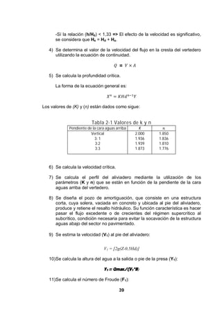39
-Sí la relación (h/Hd) < 1,33 => El efecto de la velocidad es significativo,
se considera que He = Hd + Ha.
4) Se determina el valor de la velocidad del flujo en la cresta del vertedero
utilizando la ecuación de continuidad.
=
5) Se calcula la profundidad crítica.
La forma de la ecuación general es:
Los valores de (K) y (n) están dados como sigue:
Tabla 2-1 Valores de k y n
Pendiente de la cara aguas arriba K
Vertical
3: 1
3:2
3:3
2.000
1.936
1.939
1.873
1.850
1.836
1.810
1.776
6) Se calcula la velocidad crítica.
7) Se calcula el perfil del aliviadero mediante la utilización de los
parámetros (K y n) que se están en función de la pendiente de la cara
aguas arriba del vertedero.
8) Se diseña el pozo de amortiguación, que consiste en una estructura
corta, cuya solera, vaciada en concreto y ubicada al pie del aliviadero,
produce y retiene el resalto hidráulico. Su función característica es hacer
pasar el flujo excedente o de crecientes del régimen supercrítico al
subcrítico, condición necesaria para evitar la socavación de la estructura
aguas abajo del sector no pavimentado.
9) Se estima la velocidad (V1) al pie del aliviadero:
V1 = [2g(Z-0,5Hd)]
10)Se calcula la altura del agua a la salida o pie de la presa (Y1):
Y1 = Qmax./(V1*B)
11)Se calcula el número de Froude (F1):
 