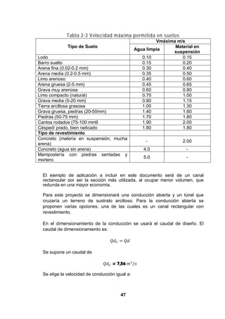 47
Tabla 2-3 Velocidad máxima permitida en suelos
Tipo de Suelo
Vmáxima m/s
Agua limpia
Material en
suspensión
Lodo 0.10 0.15
Barro suelto 0.15 0.20
Arena fina (0.02-0.2 mm) 0.30 0.40
Arena media (0.2-0.5 mm) 0.35 0.50
Limo arenoso 0.40 0.60
Arena gruesa (2-5 mm) 0.45 0.65
Grava muy arenosa 0.60 0.80
Limo compacto (natural) 0.70 1.00
Grava media (5-20 mm) 0.80 1.15
Tierra arcillosa grasosa 1.00 1.30
Grava gruesa, piedras (20-50mm) 1.40 1.60
Piedras (50-75 mm) 1.70 1.80
Cantos rodados (75-100 mm9 1.90 2.00
Césped/ prado, bien radicado 1.80 1.80
Tipo de revestimiento
Concreto (materia en suspensión, mucha
arena)
- 2.00
Concreto (agua sin arena) 4.0 -
Mampostería con piedras sentadas y
mortero
5.0 -
El ejemplo de aplicación a incluir en este documento será de un canal
rectangular por ser la sección más utilizada, al ocupar menor volumen, que
redunda en una mayor economía.
Para este proyecto se dimensionará una conducción abierta y un túnel que
cruzaría un terreno de sustrato arcilloso. Para la conducción abierta se
proponen varias opciones, una de las cuales es un canal rectangular con
revestimiento.
En el dimensionamiento de la conducción se usará el caudal de diseño. El
caudal de dimensionamiento es:
Se supone un caudal de
= 7,56
Se elige la velocidad de conducción igual a:
 