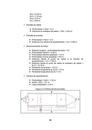 56
Hv= 0,376 m
Vv= 1,13 m/s
Xs= 0,73 m
Lv= 0,84 m
Pantalla de salida:
Profundidad = Hs/2 = 2 m
Distancia al vertedero de salida = 15Hv = 5,63 m
Pantalla de entrada:
Profundidad = Hs/2 = 2 m
Distancia a la cámara de aquietamiento = L/4 = 5,69 m
Almacenamiento de lodos:
Relación longitud : profundidad de lodos = 10
Profundidad máxima = 2,28 m
Profundidad máxima adoptada = 1,2 m
Profundidad mínima adoptada = 0,6 m
Distancia desde el punto de salida a la cámara de
aquietamiento = L/3 = 7,59 m
Distancia desde el punto de salida al vertedero de salida =
2L/3 = 15,18 m
Pendiente transversal = 10,5 %
Pendiente longitudinal en (L/3) = 7,9 %
Pendiente longitudinal (2L/3) = 4 %
Cámara de aquietamiento:
Profundidad = Hs/3 = 1,33 m
Ancho = B/3 = 1,9 m
Largo (Adoptado) = 2,8 m
Figura 2-12 Planta del desarenador
 