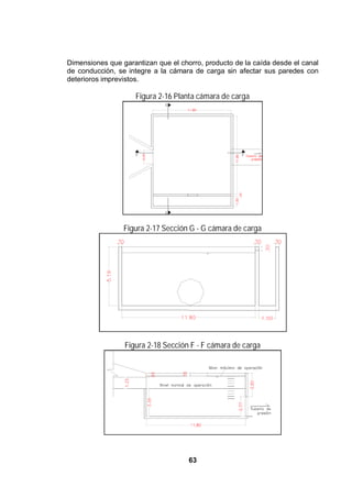 63
Dimensiones que garantizan que el chorro, producto de la caída desde el canal
de conducción, se integre a la cámara de carga sin afectar sus paredes con
deterioros imprevistos.
Figura 2-16 Planta cámara de carga
Figura 2-17 Sección G - G cámara de carga
Figura 2-18 Sección F - F cámara de carga
 