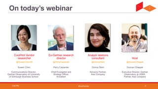 #CoolVendor
Suwen Chen,
Communications Director,
Gartner Observatory at University
of Edinburgh Business School
Perry Carpenter
Chief Evangelist and
Strategy Officer,
Knowbe4
Donna Stein
Advisory Partner,
Kea Company
Duncan Chapple
Executive Director, Gartner
Observatory at UEBS.
Partner, Kea Company
@SuwenChenUK @PerryCarpenter @DonnaStein @DuncanChapple
Cool/Hot Vendor
researcher
Ex-Gartner research
director
Analyst relations
consultant Host
On today’s webinar
3:04 PM 3
 