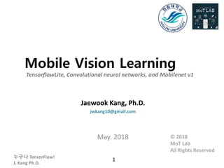 누구나 TensorFlow!
J. Kang Ph.D.
Mobile Vision Learning
TensorflowLite, Convolutional neural networks, and Mobilenet v1
Jaewook Kang, Ph.D.
jwkang10@gmail.com
May. 2018
1
© 2018
MoT Lab
All Rights Reserved
 