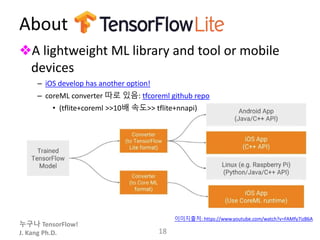 누구나 TensorFlow!
J. Kang Ph.D.
About
❖A lightweight ML library and tool or mobile
devices
– iOS develop has another option!
– coreML converter 따로 있음: tfcoreml github repo
• (tflite+coreml >>10배 속도>> tflite+nnapi)
18
이미지출처: https://www.youtube.com/watch?v=FAMfy7izB6A
 