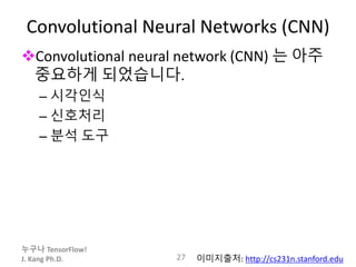 누구나 TensorFlow!
J. Kang Ph.D.
Convolutional Neural Networks (CNN)
Convolutional neural network (CNN) 는 아주
중요하게 되었습니다.
– 시각인식
– 신호처리
– 분석 도구
27 이미지출처: http://cs231n.stanford.edu
 