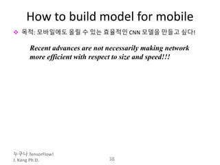 누구나 TensorFlow!
J. Kang Ph.D.
How to build model for mobile
 목적: 모바일에도 올릴 수 있는 효율적인 CNN 모델을 만들고 싶다!
38
Recent advances are not necessarily making network
more efficient with respect to size and speed!!!
 