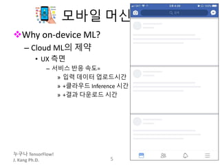 누구나 TensorFlow!
J. Kang Ph.D.
모바일 머신러닝
Why on-device ML?
– Cloud ML의 제약
• UX 측면
– 서비스 반응 속도=
» 입력 데이터 업로드시간
» +클라우드 Inference 시간
» +결과 다운로드 시간
5
 