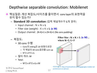 누구나 TensorFlow!
J. Kang Ph.D.
Depthwise separable convolution: Mobilenet
 핵심질문: 계산 복잡도/사이즈를 줄이면서 conv layer의 표현력을
유지 할수 있는가?
– Standard 3D convolution (입력 채널개수가 L개 경우)
• Input channel : N x N x L
• Filter size (weight) : K x K x L (x M)
• Output channel: (N-K)+1 x (N-K)+1 (No zero padding)
– 복잡도:
• 3D conv 수행
– Conv의 sliding은 2D 방향으로만
– 각 채널의 3D conv결과를 sum-up
– N^2 x K^2 x L
• 필터 개수: M
• Total:
– N^2 x K^2 x L x M
57
이미지출처: http://machinethink.net/blog/googles-mobile-net-
architecture-on-iphone/
Filter Size : K x K x L (x M) ,
where K=3, L=3
 