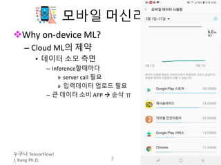누구나 TensorFlow!
J. Kang Ph.D.
모바일 머신러닝
Why on-device ML?
– Cloud ML의 제약
• 데이터 소모 측면
– Inference할때마다
» server call 필요
» 입력데이터 업로드 필요
– 큰 데이터 소비 APP  순삭 ㅠ
7
 