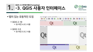 1.
 탭이 있는 유동적인 도킹
 QGIS 2.18
 Qt 버전 4.8.5 사용
 QGIS 3.0
 Qt 버전 5.9.2 사용
QGIS 3.0 변경사항(Changelog)
-3. QGIS 사용자 인터페이스
 