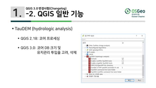 1.
 TauDEM (hydrologic analysis)
 QGIS 2.18: 코어 프로세싱
 QGIS 3.0: 코어 DB 크기 및
유지관리 투입을 고려, 삭제
QGIS 3.0 변경사항(Changelog)
-2. QGIS 일반 기능
 
