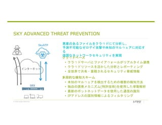 © 2018 Juniper Networks
SKY ADVANCED THREAT PREVENTION
クラウドベース
• クラウドサーバとファイアウォールがリアルタイム連携
• クラウドリソースを活かした分析とレポーティング
• 全世界で共有・蓄積されるセキュリティ脅威情報
多段的な検知スキーム
• 未知のマルウェアを検出するための複数の検知方法
• 独自の誘発メカニズム(特許技術)を使用した挙動解析
• 最新のボットネットデータを使用した通信の識別
• IPアドレスの国別情報によるフィルタリング
SkyATP
インターネット
SRX
悪意のあるファイルをクラウドにて分析し、
予測不可能なゼロデイ攻撃や未知のマルウェアに対応す
る
強固なネットワークセキュリティを実現
 