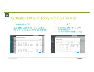 © 2018 Juniper Networks
Application FW IPS
• 18,000以上攻撃パターンシグニ
チャを検知&防御
• IPS Policy Templateとして指定
• 3600種類以上のアプリケーションを識別
• アプリケーションごとにアクション指定可能
Application FW & IPS Policy with vSRX for NSX
 