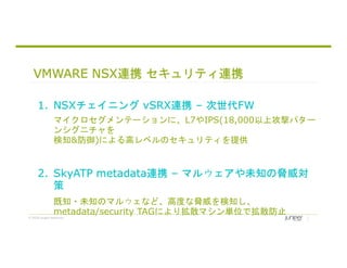 © 2018 Juniper Networks
VMWARE NSX連携 セキュリティ連携
1. NSXチェイニング vSRX連携 – 次世代FW.
マイクロセグメンテーションに、L7やIPS(18,000以上攻撃パター
ンシグニチャを
検知&防御)による高レベルのセキュリティを提供
2. SkyATP metadata連携 – マルウェアや未知の脅威対
策
.
既知・未知のマルウェなど、高度な脅威を検知し、
metadata/security TAGにより拡散マシン単位で拡散防止
 