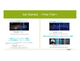 © 2018 Juniper Networks
vSRX 60日間無料トライアル
https://www.juniper.net/us/en/dm/free-vsrx-trial/
定期セキュリティセミナー開催
~o365問題解決、マルウェア対策~
https://www.juniper.net/jp/jp/company/events/
Get Started ~Free Trial～
vQFX 無料トライアル
定期JUNOS(SRX/QFX)ハンズオンセミナー開催
https://www.juniper.net/us/en/dm/free-vqfx-trial/
https://www.juniper.net/jp/jp/dm/junos-handson/
 