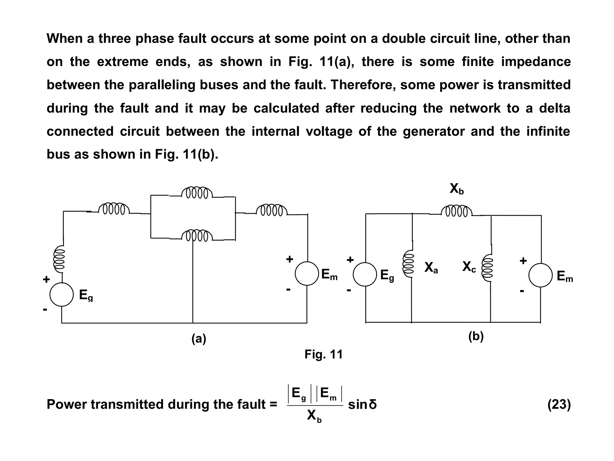 When a three phase fault occurs at some point on a double circuit line, other than
on the extreme ends, as shown in Fig. 11(a), there is some finite impedance
between the paralleling buses and the fault. Therefore, some power is transmitted
during the fault and it may be calculated after reducing the network to a delta
connected circuit between the internal voltage of the generator and the infinite
bus as shown in Fig. 11(b).
Power transmitted during the fault = δ
sin
X
E
E
b
m
g
(23)
Xc
Xa
Eg
+
-
Em
+
-
(b)
Em
Xb
Fig. 11
Eg
+
-
(a)
+
-
 