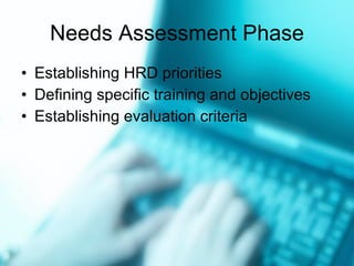Needs Assessment Phase Establishing HRD priorities Defining specific training and objectives Establishing evaluation criteria 