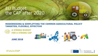 MODERNISING & SIMPLIFYING THE COMMON AGRICULTURAL POLICY
TARGETED, FLEXIBLE, EFFECTIVE
EU Budget:
A STRONG BUDGET
FOR A STRONG CAP
JUNE 2018
the CAP after 2020
#FutureofCAP
 