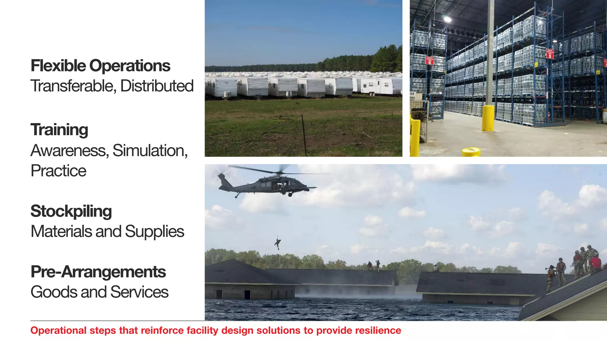 Operational steps that reinforce facility design solutions to provide resilience
Flexible Operations
Transferable, Distributed
Training
Awareness, Simulation,
Practice
Stockpiling
Materials and Supplies
Pre-Arrangements
Goods and Services
 