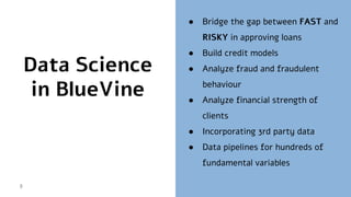 Data Science
in BlueVine
● Bridge the gap between FAST and
RISKY in approving loans
● Build credit models
● Analyze fraud ...