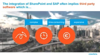The integration of SharePoint and SAP often implies third party
software which is…
complex time-consuming expensive
 