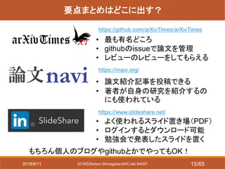 2018ⒸSeitaro Shinagawa AHC-lab NAIST
要点まとめはどこに出す？
https://rnavi.org/
https://github.com/arXivTimes/arXivTimes
https://www.slideshare.net/
• よく使われるスライド置き場（PDF）
• ログインするとダウンロード可能
• 勉強会で発表したスライドを置く
• 論文紹介記事を投稿できる
• 著者が自身の研究を紹介するの
にも使われている
• 最も有名どころ
• githubのissueで論文を管理
• レビューのレビューをしてもらえる
もちろん個人のブログやgithubとかでやってもOK！
2018/6/11 15/65
 