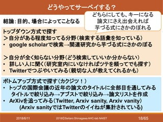2018ⒸSeitaro Shinagawa AHC-lab NAIST
どうやってサーベイする？
結論：目的、場合によってことなる
トップダウン方式で探す
＞自分がある程度知ってる分野（検索する語彙を知っている）
• google scholarで検索→関連研究から芋づる式にさかのぼる
＞自分が全く知らない分野（どう検索していいか分からない）
• 詳しい人に聞く（研究室内にいなければツテを頼ってでも探す）
• Twitterでつぶやいてみる（親切な人が教えてくれるかも）
どちらにしても、キーになる
論文にさえ出会えれば
芋づる式にさかのぼれる
ボトムアップ方式で探す（カクジツ！）
• トップの国際会議の近年の論文のタイトルに全部目を通してみる
タイトルで絞り込み→アブストで絞り込み→論文リストを作成
• ArXivを追ってみる（Twitter, Arxiv sanity, Arxiv vanity）
(Arxiv sanityではTwitterのイイねが集計されている)
2018/6/11 18/65
 