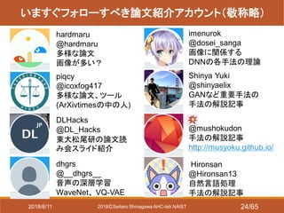 2018ⒸSeitaro Shinagawa AHC-lab NAIST
いますぐフォローすべき論文紹介アカウント（敬称略）
hardmaru
@hardmaru
多様な論文
画像が多い？
DLHacks
@DL_Hacks
東大松尾研の論文読
み会スライド紹介
piqcy
@icoxfog417
多様な論文、ツール
(ArXivtimesの中の人)
dhgrs
@__dhgrs__
音声の深層学習
WaveNet、 VQ-VAE
imenurok
@dosei_sanga
画像に関係する
DNNの各手法の理論
Shinya Yuki
@shinyaelix
GANなど重要手法の
手法の解説記事
@mushokudon
手法の解説記事
http://musyoku.github.io/
2018/6/11 24/65
Hironsan
@Hironsan13
自然言語処理
手法の解説記事
 