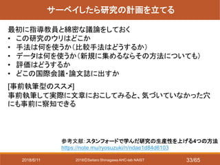 2018ⒸSeitaro Shinagawa AHC-lab NAIST
サーベイしたら研究の計画を立てる
最初に指導教員と綿密な議論をしておく
• この研究のウリはどこか
• 手法は何を使うか（比較手法はどうするか）
• データは何を使うか（新規に集めるならその方法についても）
• 評価はどうするか
• どこの国際会議・論文誌に出すか
[事前執筆型のススメ]
事前執筆して実際に文章におこしてみると、気づいていなかった穴
にも事前に察知できる
参考文献：スタンフォードで学んだ研究の生産性を上げる4つの方法
https://note.mu/ryosuzuki/n/ndae1d84d6103
2018/6/11 33/65
 