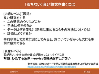 2018ⒸSeitaro Shinagawa AHC-lab NAIST
（落ちない）良い論文を書くには
[内容レベル]（再掲）
良い研究をする
• この研究のウリはどこか
• 手法は何を使うか
• データは何を使うか（新規に集めるならその方法についても）
• 評価はどうするか
事前執筆して文章におこしてみると、気づいていなかった穴にも事
前に察知できる
[表象レベル]
図が汚い、参考文献の書式が揃ってない、タイポなど
対処：ひたすら添削→reviseを繰り返すしかない
参考文献：スタンフォードで学んだ研究の生産性を上げる4つの方法
https://note.mu/ryosuzuki/n/ndae1d84d6103
2018/6/11 41/65
 