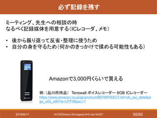 2018ⒸSeitaro Shinagawa AHC-lab NAIST
必ず記録を残す
ミーティング、先生への相談の時
なるべく記録媒体を用意する（ICレコーダ、メモ）
• 後から振り返って反省・整理に使うため
• 自分の身を守るため（何かのきっかけで揉める可能性もある）
Amazonで3,000円くらいで買える
例：（品川所持品） Tenswall ボイスレコーダー 8GB ICレコーダー
https://www.amazon.co.jp/gp/product/B076RY6SCT/ref=oh_aui_detailpa
ge_o02_s00?ie=UTF8&psc=1
2018/6/11 55/65
 