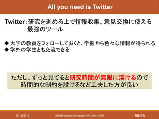2018ⒸSeitaro Shinagawa AHC-lab NAIST
All you need is Twitter
Twitter：研究を進める上で情報収集、意見交換に使える
最強のツール
大学の教員をフォローしておくと、学振やら色々な情報が得られる
学外の学生とも交流できる
ただし、ずっと見てると研究時間が無限に溶けるので
時間的な制約を設けるなど工夫した方が良い
2018/6/11 58/65
 
