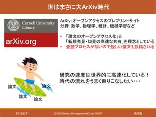 2018ⒸSeitaro Shinagawa AHC-lab NAIST
世はまさに大ArXiv時代
ArXiv：オープンアクセスのプレプリントサイト
分野：数学、物理学、統計、機械学習など
• 「論文のオープンアクセス化」と
「新規発見・知見の高速な共有」を理念としている
• 査読プロセスがないので怪しい論文も投稿される
研究の速度は世界的に高速化している！
時代の流れをうまく乗りこなしたい・・・
論文
論文
論文
論文
2018/6/11 6/65
 