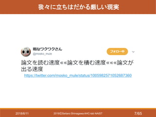 2018ⒸSeitaro Shinagawa AHC-lab NAIST
我々に立ちはだかる厳しい現実
https://twitter.com/mosko_mule/status/1005982571052687360
2018/6/11 7/65
 