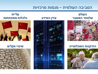 ‫הזדקנות‬‫האוכלוס‬‫י‬‫יה‬
‫העולמית‬ ‫הסביבה‬–‫מרכזיות‬ ‫מגמות‬
‫העולם‬
‫שלאחר‬‫המשבר‬‫המידע‬ ‫עידן‬
‫שינויי‬‫אקלים‬
‫עליית‬
‫כלכלות‬‫מתפתחות‬
 