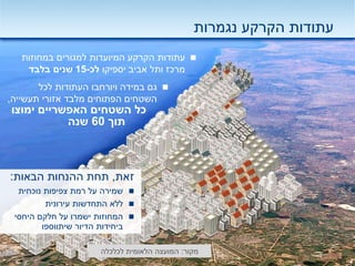 ‫נגמרות‬ ‫הקרקע‬ ‫עתודות‬
‫במחוזות‬ ‫למגורים‬ ‫המיועדות‬ ‫הקרקע‬ ‫עתודות‬
‫יספיקו‬ ‫אביב‬ ‫ותל‬ ‫מרכז‬‫לכ‬-15‫בלבד‬ ‫שנים‬
‫לכל‬ ‫העתודות‬ ‫ויורחבו‬ ‫במידה‬ ‫גם‬
‫תעשייה‬ ‫אזורי‬ ‫מלבד‬ ‫הפתוחים‬ ‫השטחים‬,
‫ימוצו‬ ‫האפשריים‬ ‫השטחים‬ ‫כל‬
‫תוך‬60‫שנה‬
‫זאת‬,‫הבאות‬ ‫ההנחות‬ ‫תחת‬:
‫נוכחית‬ ‫צפיפות‬ ‫רמת‬ ‫על‬ ‫שמירה‬
‫עירונית‬ ‫התחדשות‬ ‫ללא‬
‫היחסי‬ ‫חלקם‬ ‫על‬ ‫ישמרו‬ ‫המחוזות‬
‫שיתווספו‬ ‫הדיור‬ ‫ביחידות‬
‫מקור‬:‫לכלכלה‬ ‫הלאומית‬ ‫המועצה‬
 