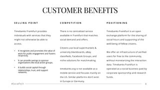 #SocialTech 8
CUSTOMER BENEFITS
S E L L I N G P O I N T
Timebanks Frankfurt provides
individuals with services that they
might not otherwise be able to
access.
• It recognizes and promotes the value of
work for public engagement and fosters
reciprocity.
• It can provide savings to sponsor
organizations like local action groups.
• It builds social capital through
relationships, trust, and support
networks.
C O M P E T I T I O N
There is no centralized service
available in Frankfurt that matches
social demand and oﬀers.
Citizens use local supermarkets &
university blackboards, eBay
classiﬁeds, Facebook Groups, and
niche solutions for matchmaking.
timebanks.org is not available as a
mobile service and focuses mainly on
the US. Similar platforms don’t exist
in Europe or Germany.
P O S I T I O N I N G
Timebanks Frankfurt is an open
exchange platform for the sharing of
social hours and supporting of the
well-being of fellow citizens.
We oﬀer an infrastructure of veriﬁed
users for free to the community,
without monetarizing the interaction
data. Timebanks Frankfurt is
operated as a social business paid by
corporate sponsorship and research
funds.
 