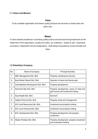 1.1 Vision and Mission
Vision
To be a reliable organisation that deliver quality products and services on timely basis and
within cost.
Misson
To strive towards excellence in providing quality product and services through teamwork for the
betterment of the organization, society and nation, our endeavour - based on self - awareness,
conscience, independent will and imaginations - shall always be guided by correct principle and
value.
1.2 Subsidiary Company
No. Name of Company Principal Activities
1. BML Management Sdn. Bhd. Property maintenance services
2. Bukit Merah Resort Sdn. Bhd. Operator of resort and theme park
3. Centralpolitan Development Sdn. Bhd. Property development
4. Dominant Star Sdn. Bhd. Property development, owner of hotel and
golf course and investment holding
5. Duta Realiti Sdn. Bhd. Dormant
6. Golden Precinct Sdn. Bhd. Property rental and management
7. M K Land Resources Sdn. Bhd. Investment and property holding
8. M K Land Ventures Sdn. Bhd. Investment and property holding
9. M.K. Development Sdn. Bhd. Property development and property
investment
10. Medan Prestasi Sdn. Bhd. Property development, property investment
and investment holding
4
 