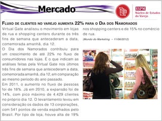 Mercado
Fluxo de clientes no varejo aumenta 22% para o Dia dos Namorados
Virtual Gate analisou o movimento em lojas      nos shopping centers e de 15% no comércio
de rua e shopping centers durante os três       de rua.
fins de semana que antecederam a data,          (Mundo do Marketing – 11/06/2012)

comemorada amanhã, dia 12.
O Dia dos Namorados contribuiu para
um crescimento de até 22% no fluxo de
consumidores nas lojas. É o que indicam as
análises feitas pela Virtual Gate nos últimos
três fins de semana que antecederam a data,
comemorada amanhã, dia 12, em comparação
ao mesmo período do ano passado.
Em 2011, o aumento no fluxo de pessoas
foi de 18%. Já em 2010, a expansão foi de
14%, com pico máximo de 4.429 clientes
no próprio dia 12. O levantamento levou em
consideração os dados de 13 corporações,
com 541 pontos de venda espalhados pelo
Brasil. Por tipo de loja, houve alta de 19%
 