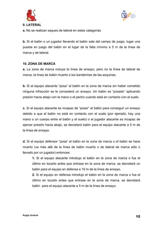 Rugby Gradual
12
9. LATERAL
a. No se realizan saques de lateral en estas categorías
b. Si el balón o un jugador llevando el balón sale del campo de juego, lugar una
puesta en juego del balón en el lugar de la falta mínimo a 5 m de la línea de
marca y de lateral.
10. ZONA DE MARCA
a. La zona de marca incluye la línea de ensayo, pero no la línea de lateral de
marca, la línea de balón muerto o los banderines de las esquinas.
b. Si el equipo atacante “posa” el balón en la zona de marca sin haber cometido
ninguna infracción se le concederá un ensayo. Un balón es “posado” aplicando
presión hacia abajo con la mano o el pecho cuando está en contacto con el suelo.
c. Si el equipo atacante es incapaz de “posar” el balón para conseguir un ensayo
debido a que el balón no está en contacto con el suelo (por ejemplo, hay una
mano o un cuerpo entre el balón y el suelo) o el jugador atacante es incapaz de
ejercer presión hacia abajo, se decretará balón para el equipo atacante a 5 m de
la línea de ensayo.
d. Si el equipo defensor “posa” el balón en la zona de marca o el balón se hace
muerto (va más allá de la línea de balón muerto o de lateral de marca sólo o
llevado por un jugador) entonces:
1. Si el equipo atacante introdujo el balón en la zona de marca o fue el
último en tocarlo antes que entrase en la zona de marca, se decretará un
balón para el equipo en defensa a 10 m de la línea de ensayo.
2. Si el equipo en defensa introdujo el balón en la zona de marca o fue el
último en tocarlo antes que entrase en la zona de marca, se decretará
balón para el equipo atacante a 5 m de la línea de ensayo.
 