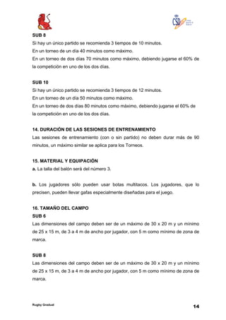 Rugby Gradual
14
SUB 8
Si hay un único partido se recomienda 3 tiempos de 10 minutos.
En un torneo de un día 40 minutos como máximo.
En un torneo de dos días 70 minutos como máximo, debiendo jugarse el 60% de
la competición en uno de los dos días.
SUB 10
Si hay un único partido se recomienda 3 tiempos de 12 minutos.
En un torneo de un día 50 minutos como máximo.
En un torneo de dos días 80 minutos como máximo, debiendo jugarse el 60% de
la competición en uno de los dos días.
14. DURACIÓN DE LAS SESIONES DE ENTRENAMIENTO
Las sesiones de entrenamiento (con o sin partido) no deben durar más de 90
minutos, un máximo similar se aplica para los Torneos.
15. MATERIAL Y EQUIPACIÓN
a. La talla del balón será del número 3.
b. Los jugadores sólo pueden usar botas multitacos. Los jugadores, que lo
precisen, pueden llevar gafas especialmente diseñadas para el juego.
16. TAMAÑO DEL CAMPO
SUB 6
Las dimensiones del campo deben ser de un máximo de 30 x 20 m y un mínimo
de 25 x 15 m, de 3 a 4 m de ancho por jugador, con 5 m como mínimo de zona de
marca.
SUB 8
Las dimensiones del campo deben ser de un máximo de 30 x 20 m y un mínimo
de 25 x 15 m, de 3 a 4 m de ancho por jugador, con 5 m como mínimo de zona de
marca.
 