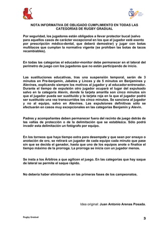 Rugby Gradual
3
NOTA INFORMATIVA DE OBLIGADO CUMPLIMIENTO EN TODAS LAS
CATEGORÍAS DE RUGBY GRADUAL
Por seguridad, los jugadores están obligados a llevar protector bucal (salvo
para aquellos casos de carácter excepcional en los que el jugador esté exento
por prescripción médico-dental, que deberá demostrar) y jugar con botas
multitacos que cumplan la normativa vigente (se prohíben las botas de tacos
recambiables).
En todas las categorías el educador-monitor debe permanecer en el lateral del
perímetro de juego con los jugadores que no están participando de inicio.
Las sustituciones educativas, tras una suspensión temporal, serán de 3
minutos en Pre-benjamín, Jabatos y Linces y de 5 minutos en Benjamines y
Alevines, explicando siempre los motivos al jugador y al educador-entrenador.
Durante el tiempo de expulsión otro jugador ocupará el lugar del expulsado
salvo en la categoría Alevín, donde la tarjeta amarilla son cinco minutos sin
que el jugador pueda ser sustituido y la tarjeta roja en la que el jugador podrá
ser sustituido una vez transcurridos los cinco minutos. Se sanciona al jugador
y no al equipo, salvo en Alevines. Las expulsiones definitivas sólo se
efectuarán en casos muy excepcionales en las categorías Benjamín y Alevín.
Padres y acompañantes deben permanecer fuera del recinto de juego detrás de
las vallas de protección o de la delimitación que se establezca. Sólo podrá
invadir esta delimitación un fotógrafo por equipo.
En los torneos que haya tiempo extra para desempate y que sean por ensayo o
anotación de oro, se retirará un jugador de cada equipo cada minuto que pase
sin que se decida el ganador, hasta que uno de los equipos anote o finalice el
tiempo máximo de la prorroga. La prorroga se inicia con un jugador menos.
Se insta a los Árbitros a que agilicen el juego. En las categorías que hay saque
de lateral se permite el saque rápido.
No debería haber eliminatorias en las primeras fases de los campeonatos.
Idea original: Juan Antonio Arenas Posada.
 