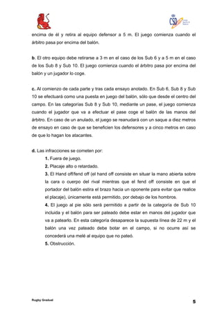 Rugby Gradual
5
encima de él y retira al equipo defensor a 5 m. El juego comienza cuando el
árbitro pasa por encima del balón.
b. El otro equipo debe retirarse a 3 m en el caso de los Sub 6 y a 5 m en el caso
de los Sub 8 y Sub 10. El juego comienza cuando el árbitro pasa por encima del
balón y un jugador lo coge.
c. Al comienzo de cada parte y tras cada ensayo anotado. En Sub 6, Sub 8 y Sub
10 se efectuará como una puesta en juego del balón, sólo que desde el centro del
campo. En las categorías Sub 8 y Sub 10, mediante un pase, el juego comienza
cuando el jugador que va a efectuar el pase coge el balón de las manos del
árbitro. En caso de un anulado, el juego se reanudará con un saque a diez metros
de ensayo en caso de que se beneficien los defensores y a cinco metros en caso
de que lo hagan los atacantes.
d. Las infracciones se cometen por:
1. Fuera de juego.
2. Placaje alto o retardado.
3. El Hand off/fend off (el hand off consiste en situar la mano abierta sobre
la cara o cuerpo del rival mientras que el fend off consiste en que el
portador del balón estira el brazo hacia un oponente para evitar que realice
el placaje), únicamente está permitido, por debajo de los hombros.
4. El juego al pie sólo será permitido a partir de la categoría de Sub 10
incluida y el balón para ser pateado debe estar en manos del jugador que
va a patearlo. En esta categoría desaparece la supuesta línea de 22 m y el
balón una vez pateado debe botar en el campo, si no ocurre así se
concederá una melé al equipo que no pateó.
5. Obstrucción.
 