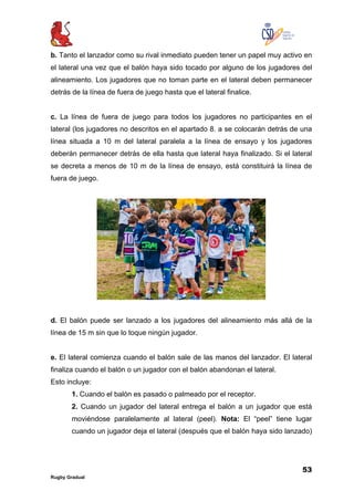 53
Rugby Gradual
b. Tanto el lanzador como su rival inmediato pueden tener un papel muy activo en
el lateral una vez que el balón haya sido tocado por alguno de los jugadores del
alineamiento. Los jugadores que no toman parte en el lateral deben permanecer
detrás de la línea de fuera de juego hasta que el lateral finalice.
c. La línea de fuera de juego para todos los jugadores no participantes en el
lateral (los jugadores no descritos en el apartado 8. a se colocarán detrás de una
línea situada a 10 m del lateral paralela a la línea de ensayo y los jugadores
deberán permanecer detrás de ella hasta que lateral haya finalizado. Si el lateral
se decreta a menos de 10 m de la línea de ensayo, está constituirá la línea de
fuera de juego.
d. El balón puede ser lanzado a los jugadores del alineamiento más allá de la
línea de 15 m sin que lo toque ningún jugador.
e. El lateral comienza cuando el balón sale de las manos del lanzador. El lateral
finaliza cuando el balón o un jugador con el balón abandonan el lateral.
Esto incluye:
1. Cuando el balón es pasado o palmeado por el receptor.
2. Cuando un jugador del lateral entrega el balón a un jugador que está
moviéndose paralelamente al lateral (peel). Nota: El “peel” tiene lugar
cuando un jugador deja el lateral (después que el balón haya sido lanzado)
 