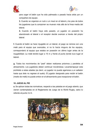 54
Rugby Gradual
para coger el balón que ha sido palmeado o pasado hacia atrás por un
compañero de equipo.
3. Cuando se organiza un ruck o un maul en el lateral y los pies de todos
los jugadores que lo componen se mueven más allá de la línea media del
lateral.
4. Cuando el balón haya sido pasado, un jugador en posesión ha
abandonado el lateral o el receptor decide avanzar a través del propio
lateral.
f. Cuando el balón se hace injugable en un lateral, el juego se reinicia con una
melé para el equipo que avanzaba, si no lo hacía ninguno de los equipos,
corresponderá al equipo que estaba en posesión en último lugar antes de la
injugabilidad. La melé tendrá lugar a 15 m y frente al punto donde tuvo lugar el
lateral.
g. Todos los movimientos de “peel” deben realizarse próximos y paralelos al
alineamiento. Los jugadores deben continuar moviéndose. Levantar/apoyar esta
prohibido a estas edades (es decir, un jugador no puede agarrarse a un saltador
hasta que éste no regrese al suelo). El jugador designado para recibir el balón
(medio de melé) no puede entrar en el alineamiento para recepcionar el balón.
10. JUEGO AL PIE
a. Se aplican todas las normativas, respecto a las patadas en el juego abierto, que
vienen contempladas en el Reglamento de Juego de la World Rugby, salvo lo
referido al punto 3 d 4.
 